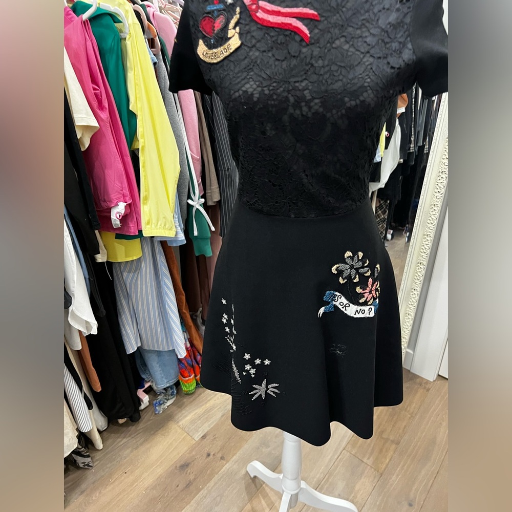 Stunning and Rare Valentino Black Lace-Top Midi Dress with Embroidered Appliqués